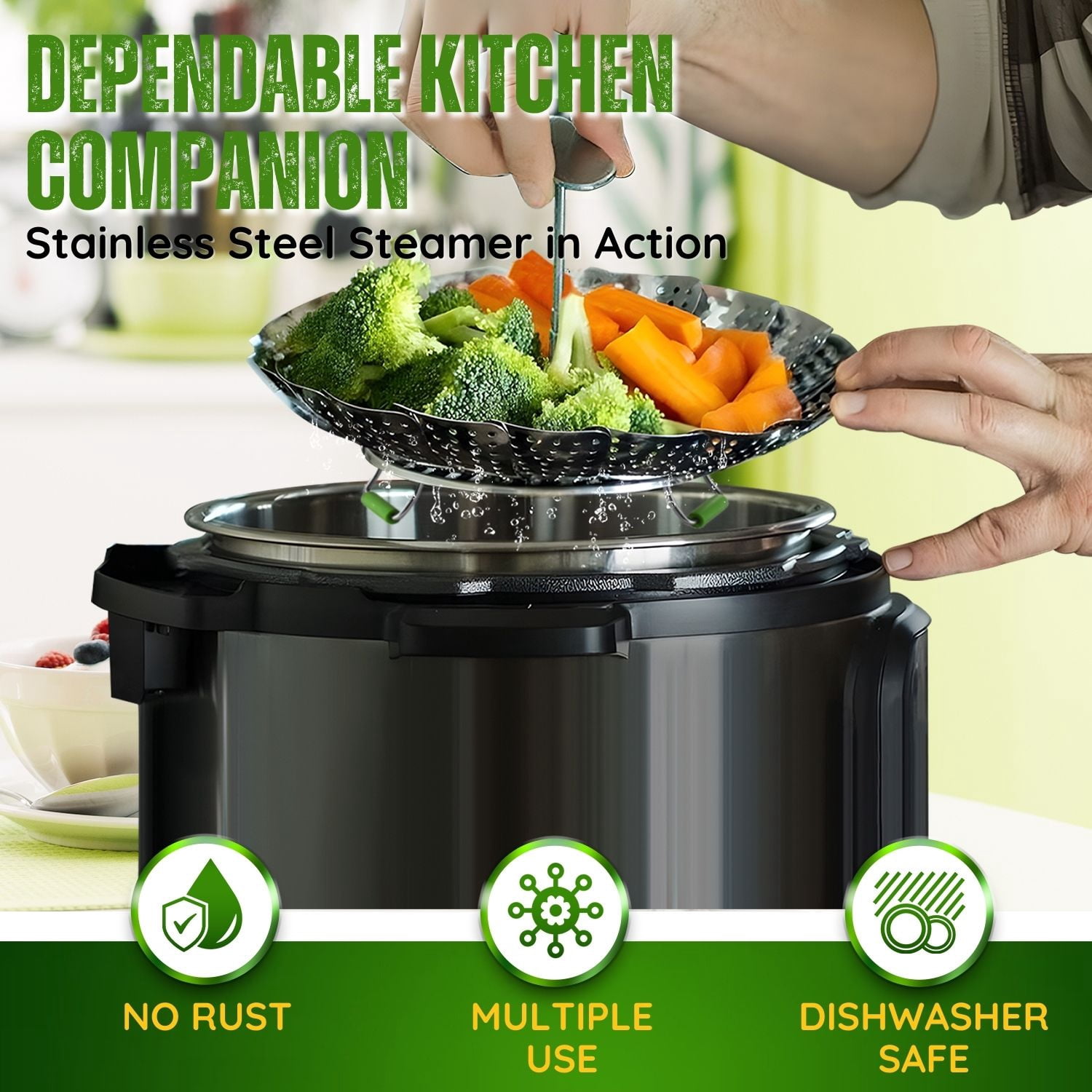 Stainless Steel Vegetable Steamer Basket with Extendable Handle - Expandable Collapsible Foldable Cooking Insert Fit Instant Pot 3 6 8 Qt Pressure Cooker for Steam Food 7-11 Inch Adjustable