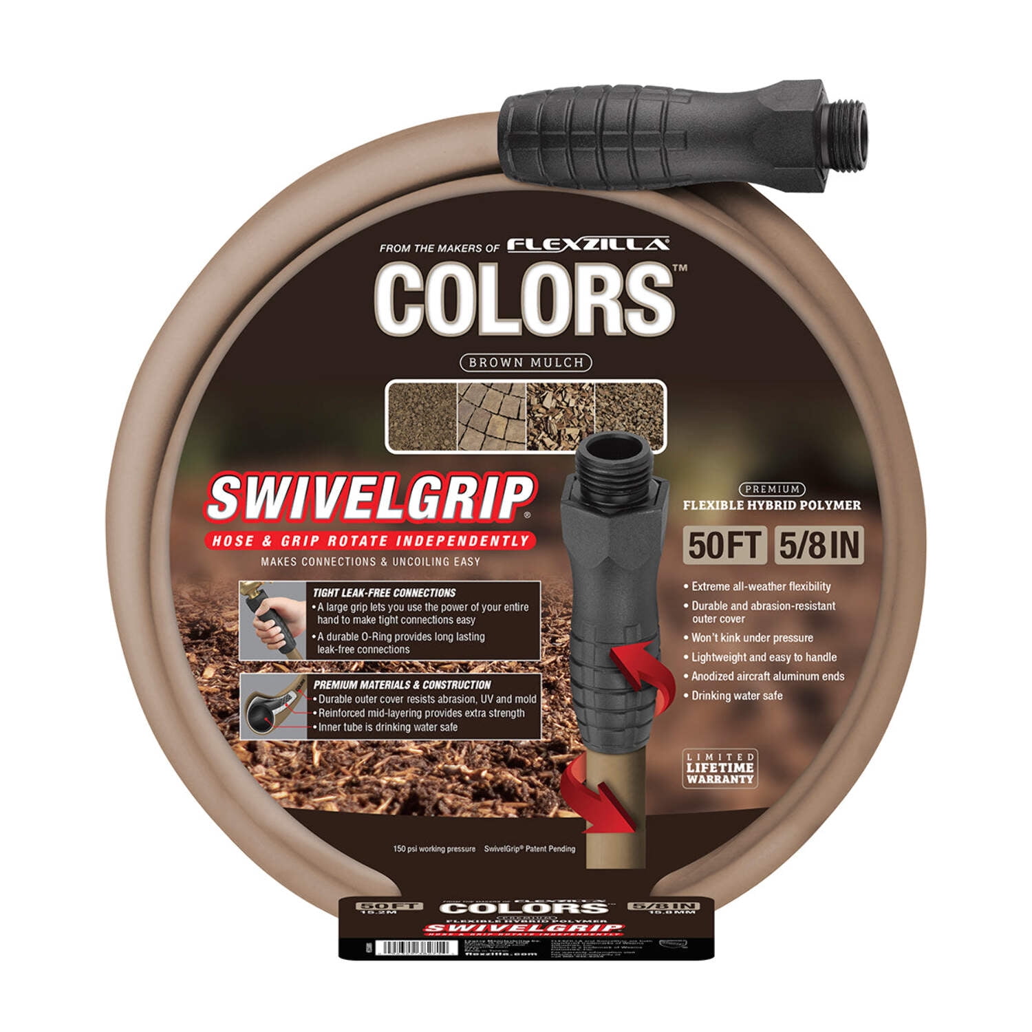 Flexzilla® Colors™ SwivelGrip® Garden Hose 5/8" x 50' 3/4"-11 1/2 GHT Fittings Brown Mulch(Boxed)
