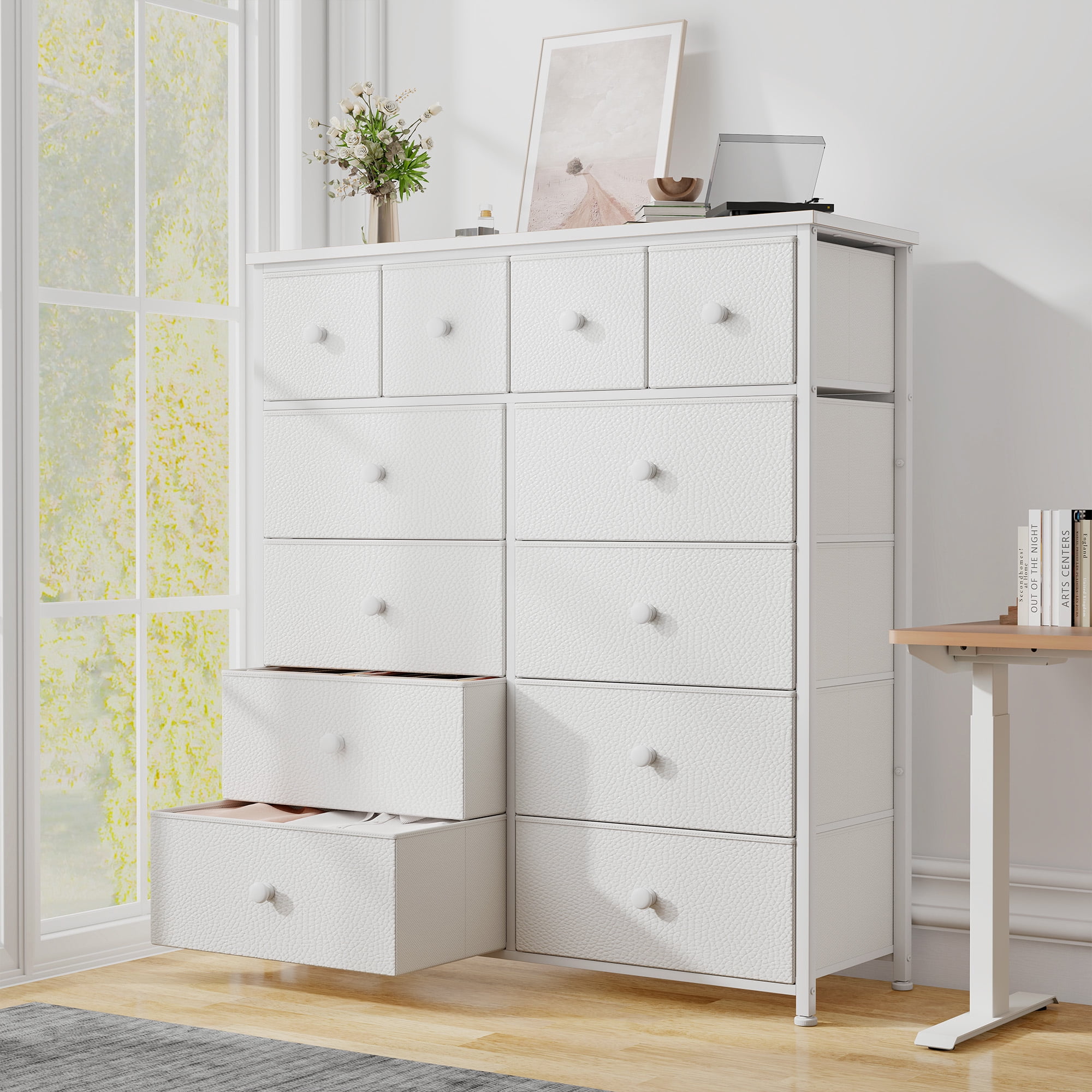 Romorgniz Tall Dresser for Bedroom with 12 Drawers White Dresser for Closet Fabric Chests of Drawers, Sturdy Metal Frame, Wood Top