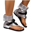 thumbnail image 4 of Women Faux Leather Sandals Metal Buckle Open Toe Ankle High Comfy Non-Slip Flat Shoes For Beach Casual Summer (6, Silver), 4 of 9