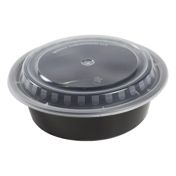 Exlonjet 7 Inch Round Black Plastic Containers with Lids, 32 Ounces for Microwave or Freezer, Pack of 150