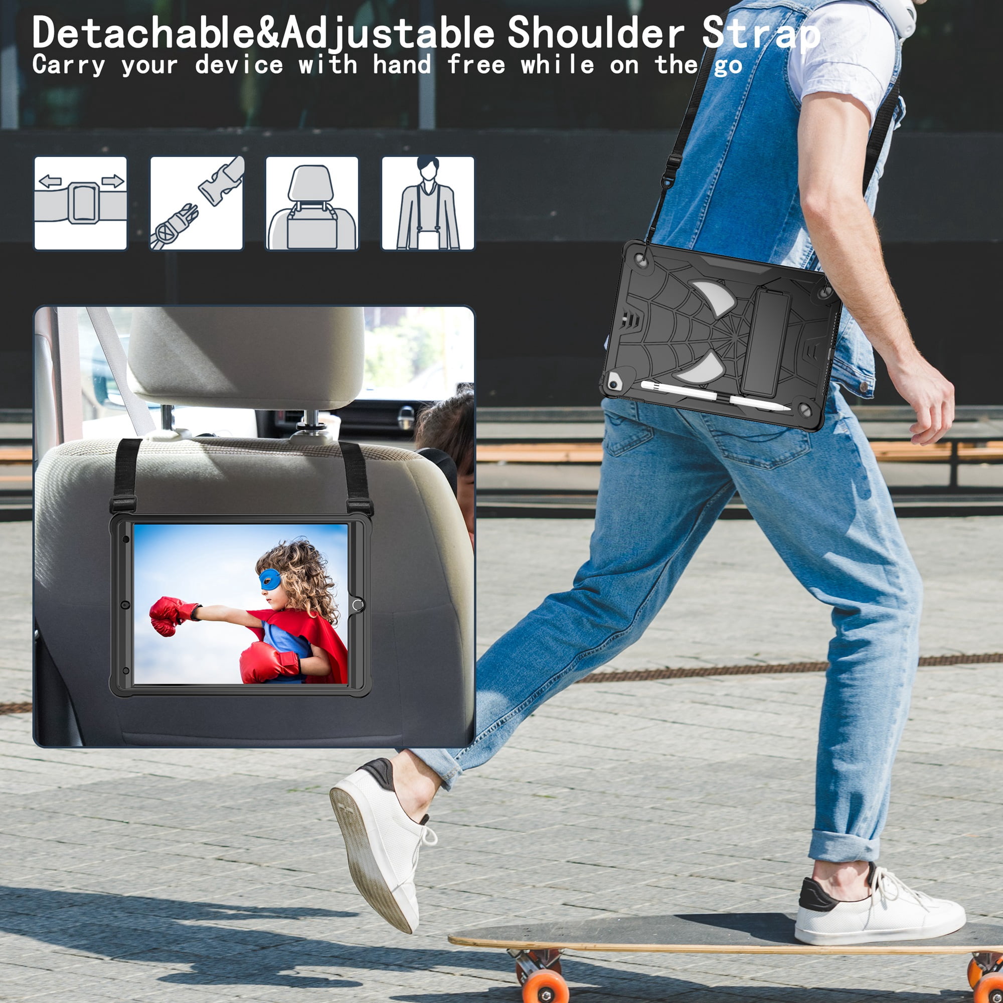 ELEHOLD Kids Case for iPad 9th/8th/7th Gen 10.2" 2021/2020/2019, Heavy Duty Rugged Cover with Foldable Kickstand Crossbody Shoulder Strap Pencil Holder Shockproof Case for iPad 10.2",Black