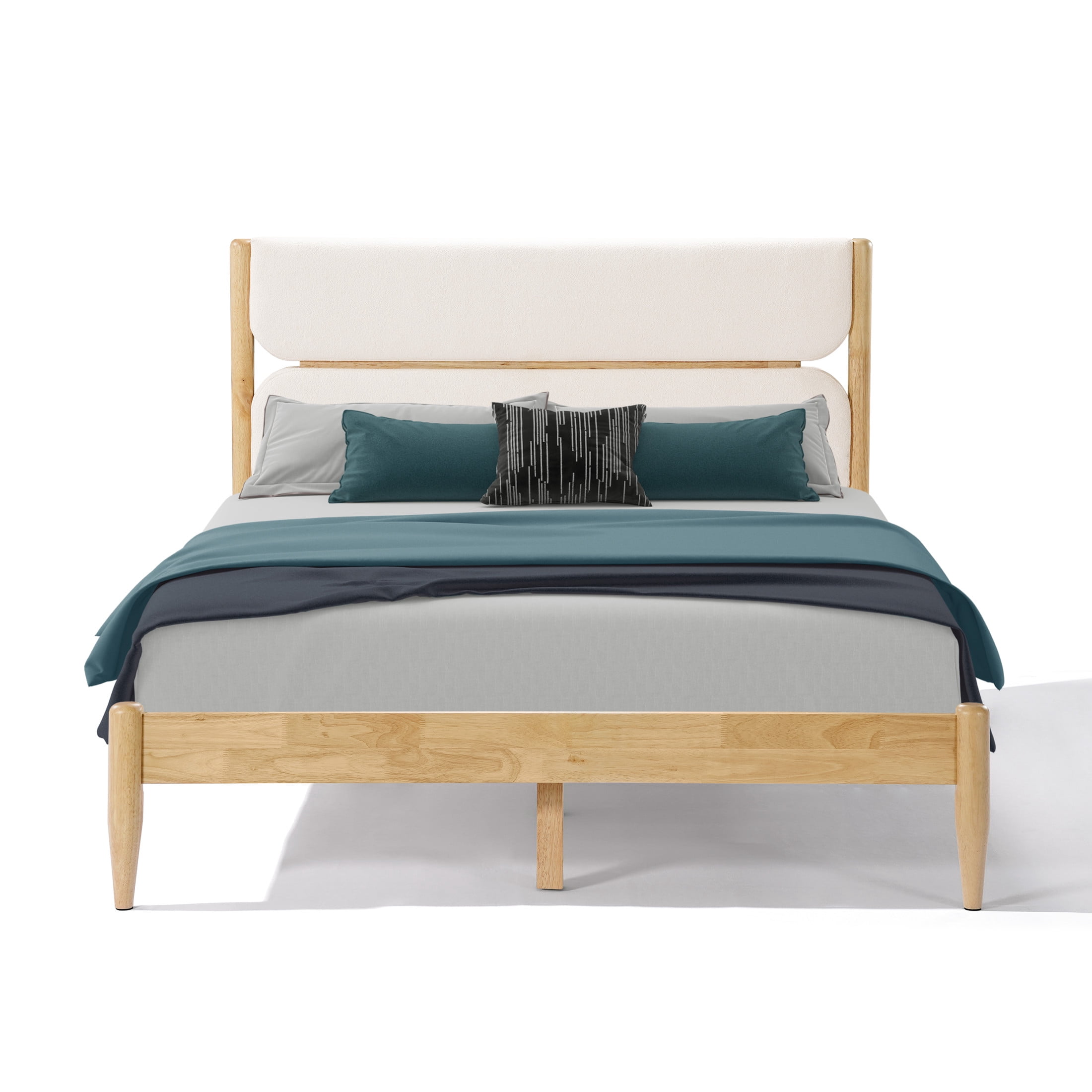 Christopher Knight Home Queen Size Solid Wood Bed Frame with Fleece Upholstered Headboard, Ivory