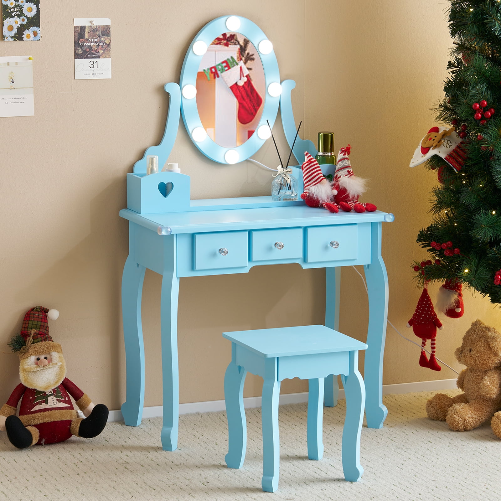 Kids Vanity Set with Mirror & Lights & Stool, 5 Storage Drawers, Pretend Play Princess Makeup Desk Dressing Table and Stool Set for Little Girls Age 3+, Macaroon Blue