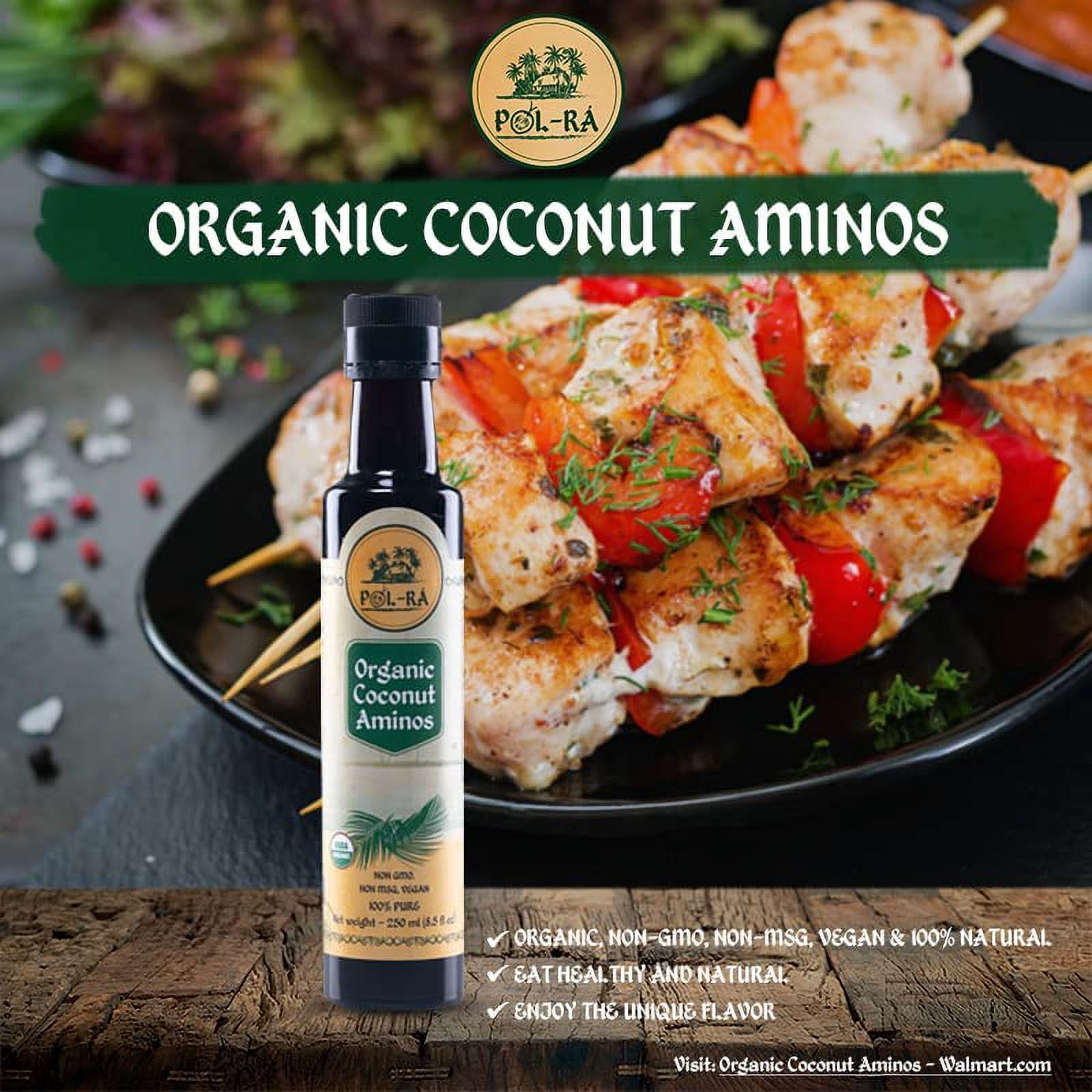 P L-RA  Organic Coconut Aminos - Soy Sauce Alternative - Vegan, Paleo & Keto - Low Glycemic, Low Sodium - Marinade Substitute - Gluten Free - Soy Free - Kosher - 8.5 oz (50 Servings) - Pack of 4