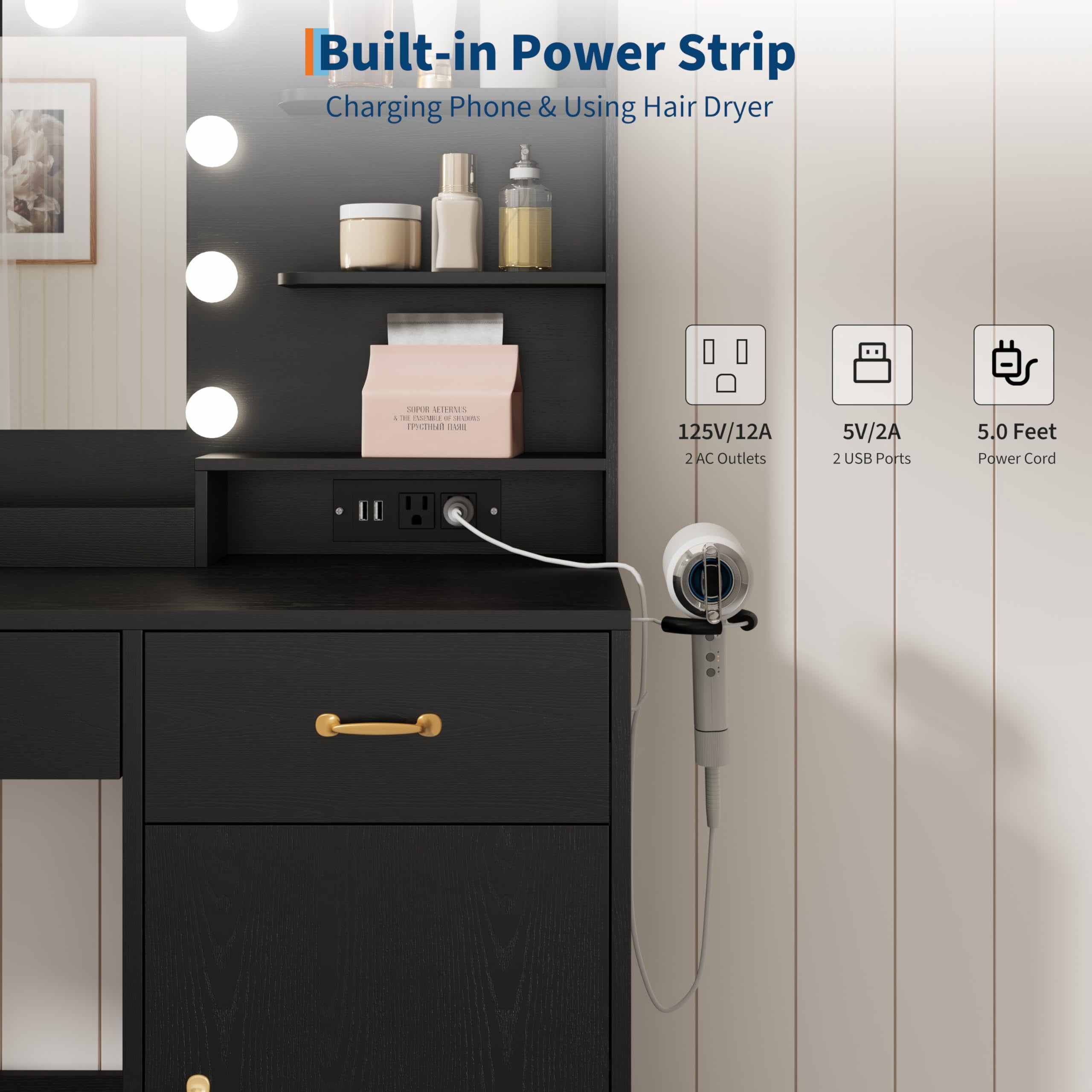 Vanity Desk with Lighted Mirror & Power Outlet, Modern Makeup Vanity Table with Drawers, Cabinets & Stool for Bedroom