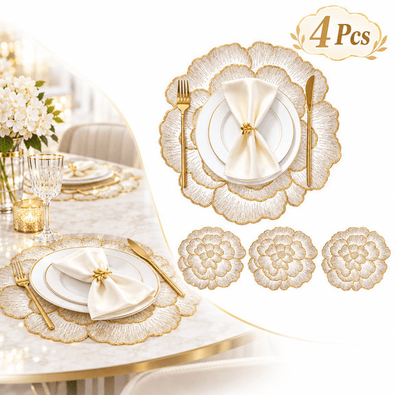 4 Pcs Floral Gold Placemats, 15-Inch Round Placemats Set of 4, Waterproof PVC Easy-Clean Elegant Placemats for Dinner Table Decor and Wedding Party