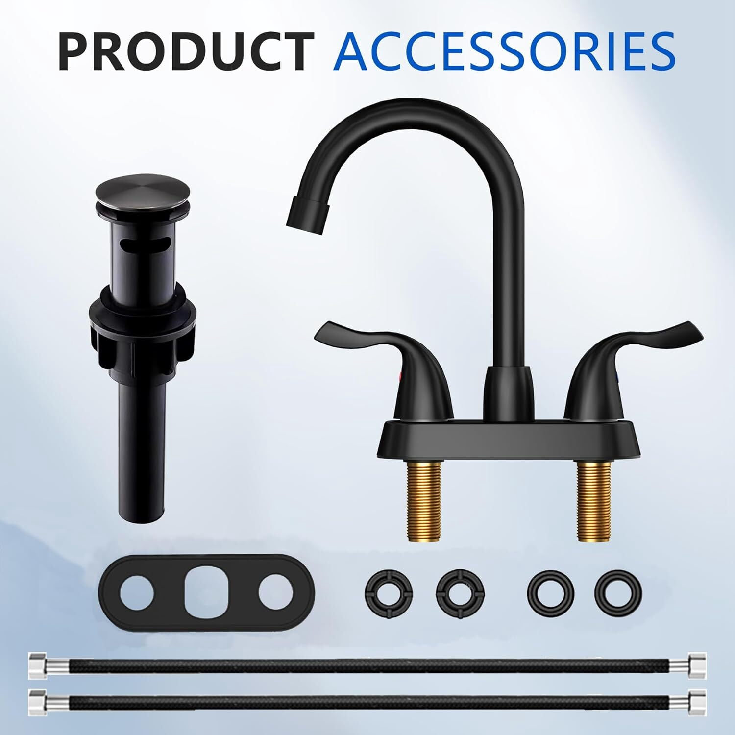 Matte Black Bathroom Sink Faucet, 2 Handle Bathroom Faucet 4 Inch Centerset Bathroom Faucet 3 Hole with Pop-up Drain and Supply Lines, Stainless Steel 360 Swivel Spout, Lead-Free