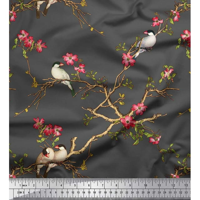 Soimoi Gray Poly Georgette Fabric Floral & Franklin Gull Bird Decor Fabric Printed Yard 42 Inch Wide