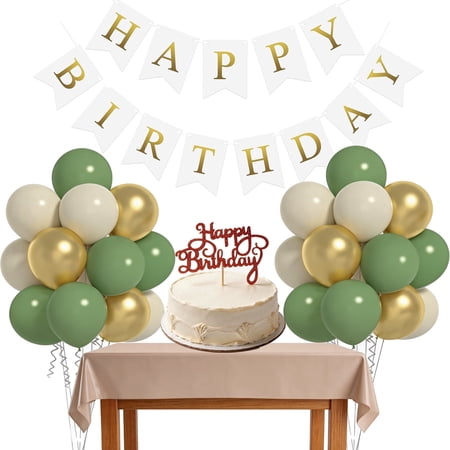 12 Inches Sage Green Balloons Set, Green Gold Sand White Balloons and Happy Birthday Banner with Ribbons for Birthday, Wedding, Baby Shower, Graduation Party Decorations
