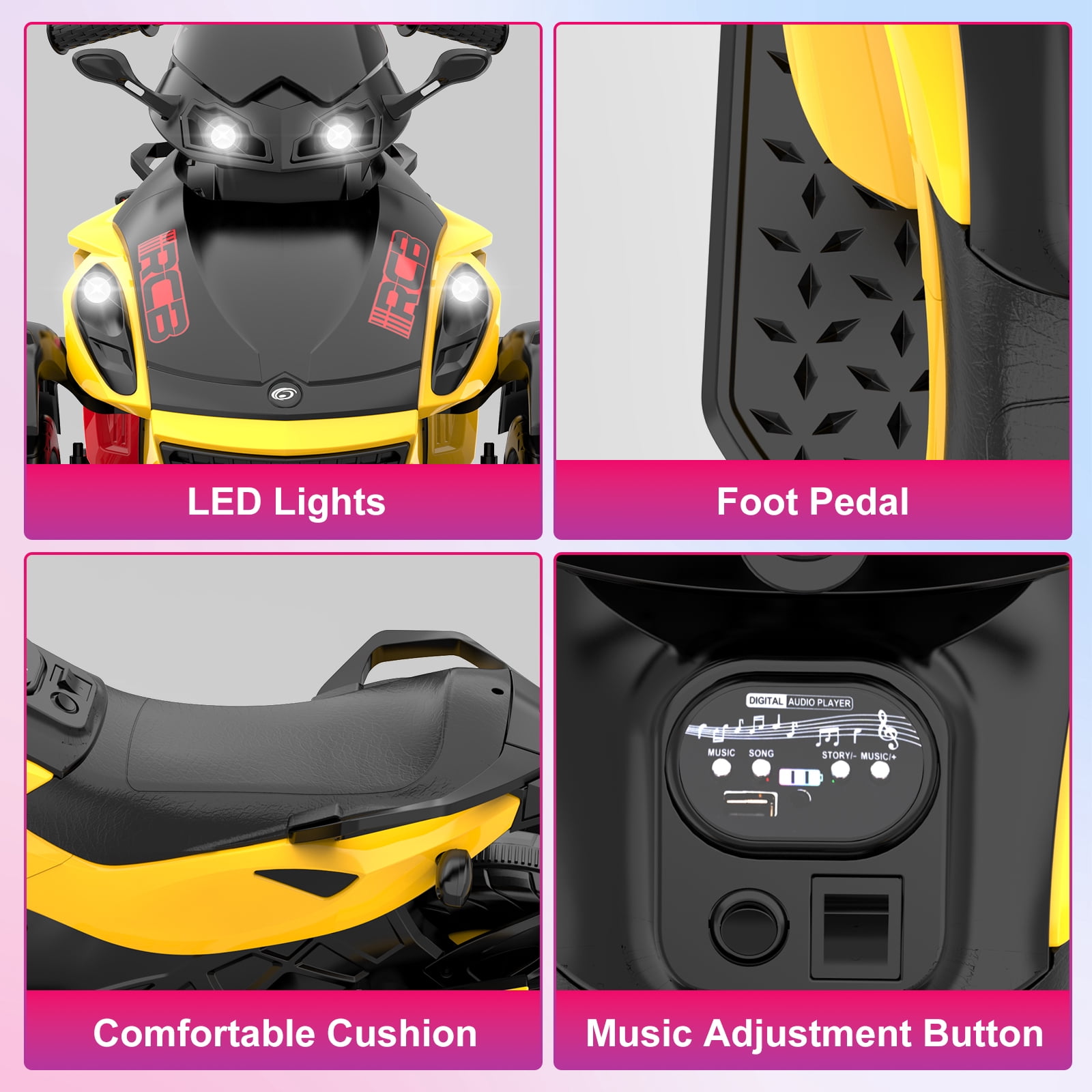 RCB 12V Kids Ride on ATV w/ One-Touch Start, 3-Wheel Stability, LED Lights, Built-in Music Player - Yellow
