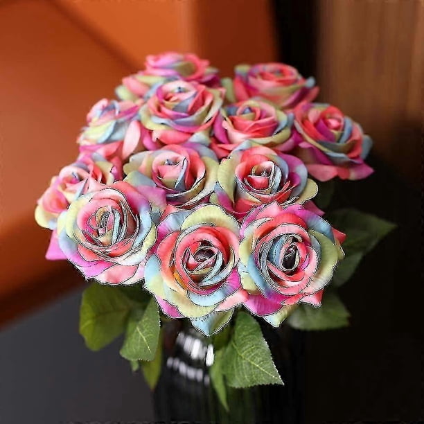12 Pack Artificial Rainbow Flowers, Rainbow Roses Bouquet Fake Rainbow Roses Real Touch Roses Silk Flowers For Floral Diy Home Wedding Decor Party Gar