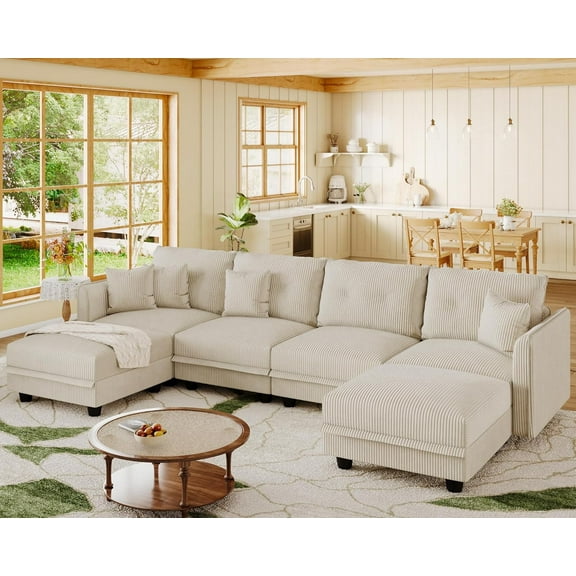 LLappuil Modular Sectional Sofa, Modular Sectional Couch with Storage, 6 Seat Corduroy Oversized Sofa with 4 Back Cushion 4 Throw Pillow Beige