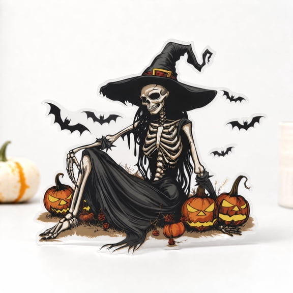 Halloween Witch Skeleton Pumpkin Bat Wall Decal Sticker Living Room Entryway Background Decoration Vinyl Art Mural Home Decor Party Supplies Spooky Gothic Horror Scene Window Cling Removable