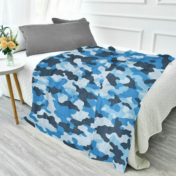 70x55 Inches Glow in The Dark Blanket Cozy Throw Camping Blankets for Home and Outdoor Use Blue Camouflage Pattern