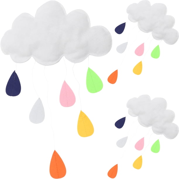 KAKOWELY 3 piezas de nubes 3D con gotas de lluvia de colores para colgar en la pared, de fieltro, para guardería.