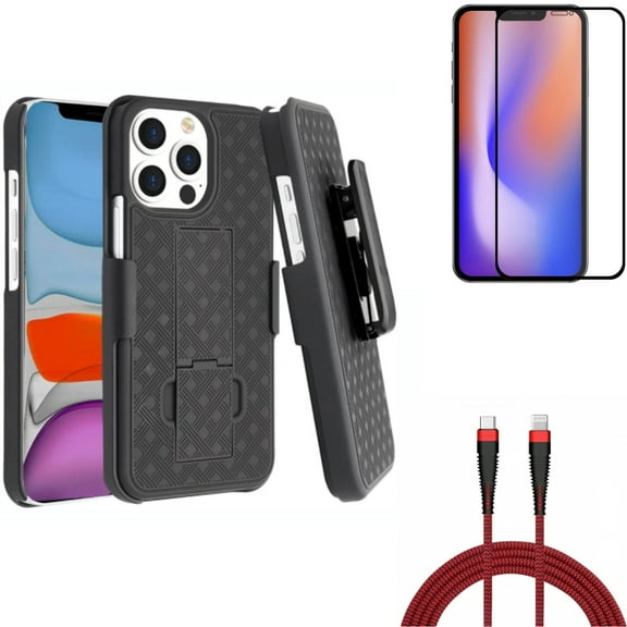PD Cable & Case Belt Clip & Screen Protector for iPhone 13 Pro ONLY - 6ft USB-C to iPhone Charger   Holster Swivel Cover   Anti-Glare Tempered Glass Matte Combo