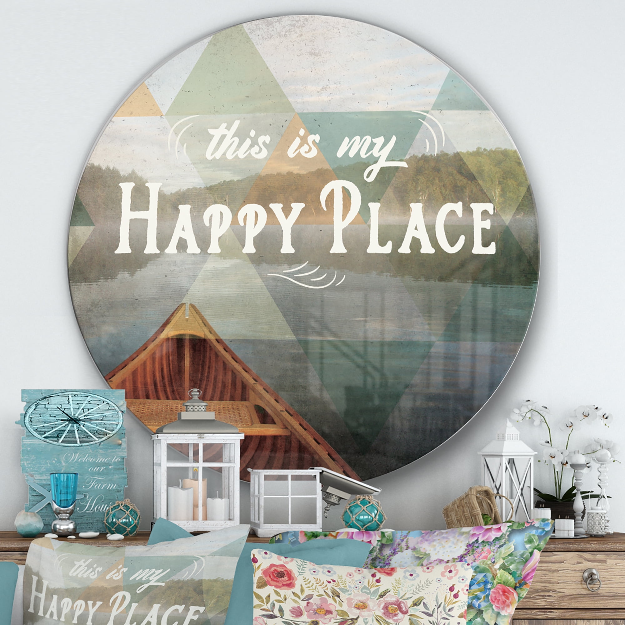 Designart 'Designart 'Lake House Happy Quote' Farmhouse Metal Circle Wall Art