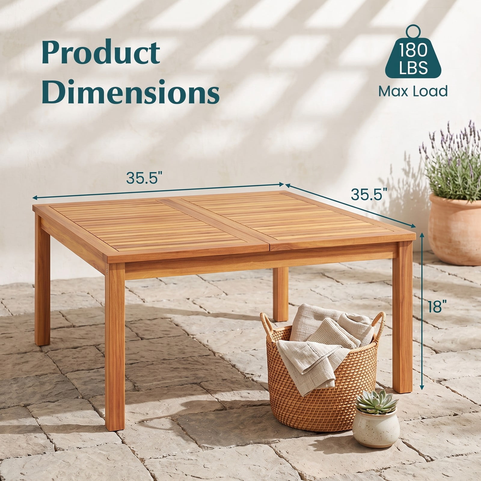 Furnibear 35.5 Inch Square Acacia Wood Patio Coffee Table with Slatted Draining Top for Backyard Poolside and Balcony, Natural