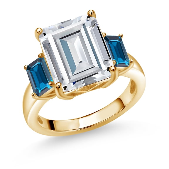Gem Stone King 18K Yellow Gold Plated Silver London Blue Topaz Ring Set with Moissanite (8.70 Cttw) (Size 7)