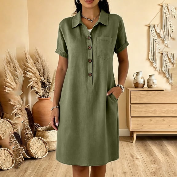 ClodeEU Women's Collared Half Button Short Sleeve Knee Length Dress with Pockets,Casual Summer Dress Army Green,Women's Plus L