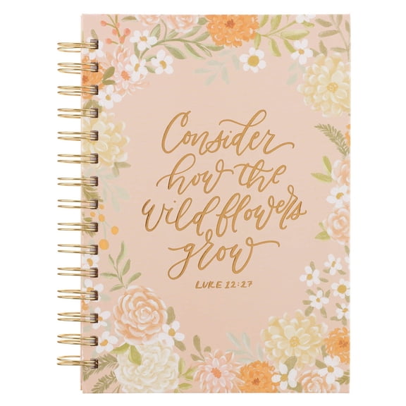 Christian Art Gifts Inspirational Journal, Consider How the Wildflowers Grow Wide Ruled Notebook, Luke 12:27 Bible Verse, Pastel Orange Florals, 192 Lined Pages w/scripture, (8.4” x 6.4” x 1”)