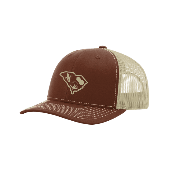It's All About The South South Carolina State Outline With Crops Mesh Back Trucker Hat-Brown/Khaki