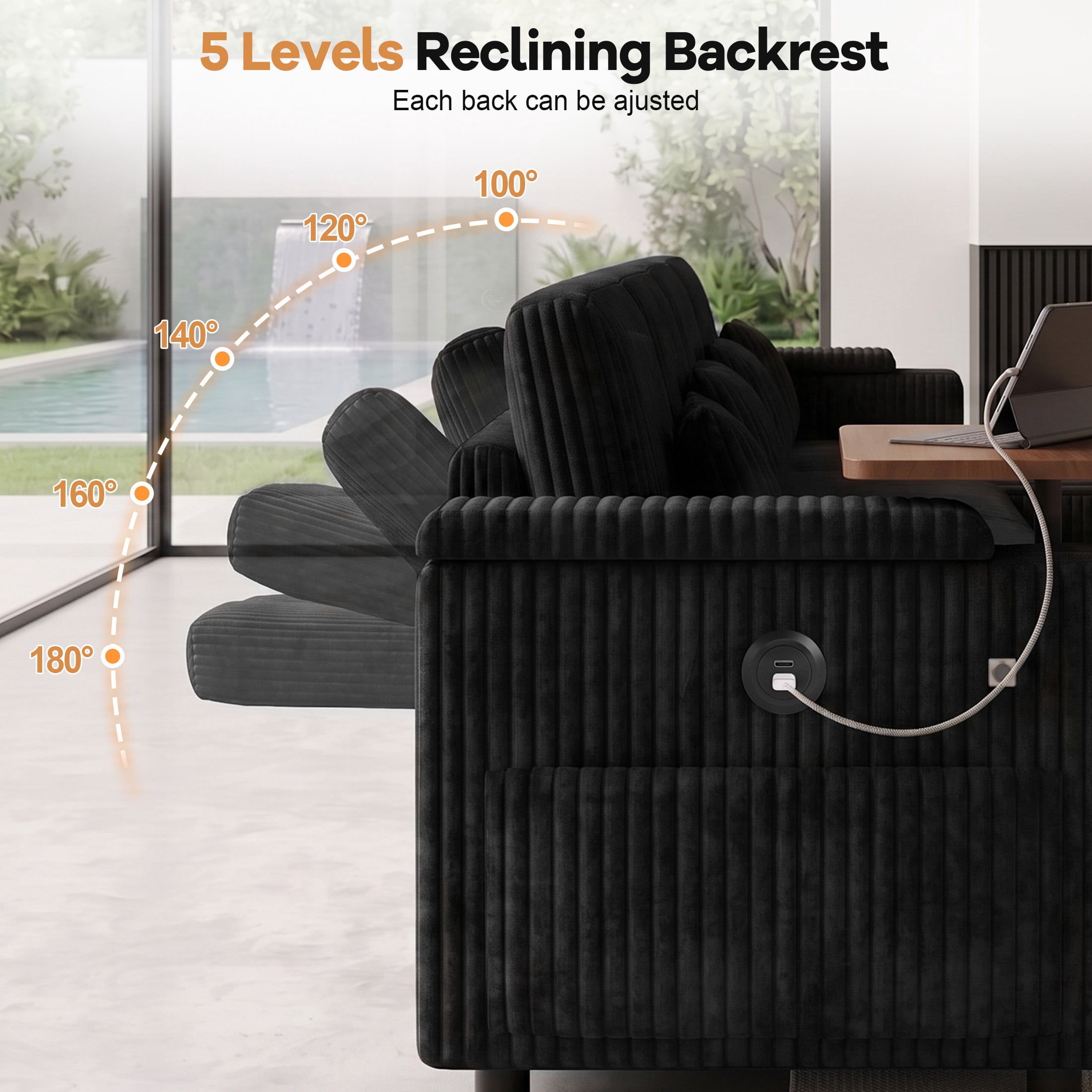 Aenkyo 7-Seat Corduroy U-Shaped Sectional Sleeper Sofa Bed with Storage Chaise and USB Charging, Black