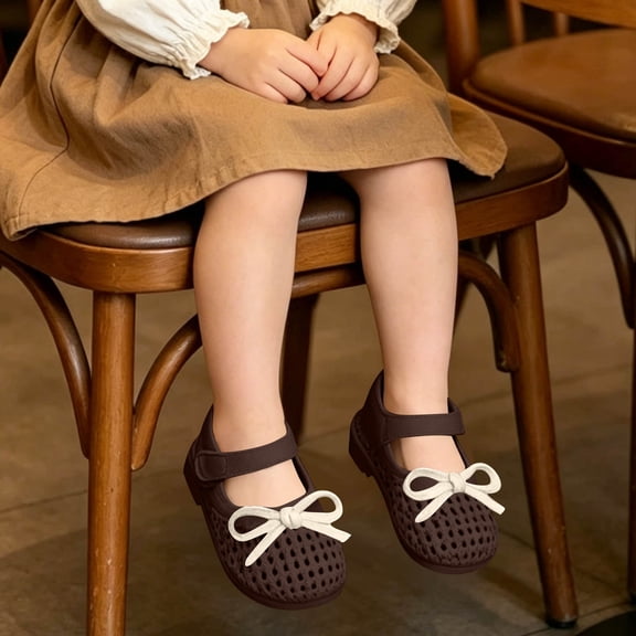 Viluyesy Girls Mary Jane Flats Hook and Loop Strap Woven Bow Closed Toe Soft Sole Round Toe Princess Dress Shoes Brown Size 10 Toddler