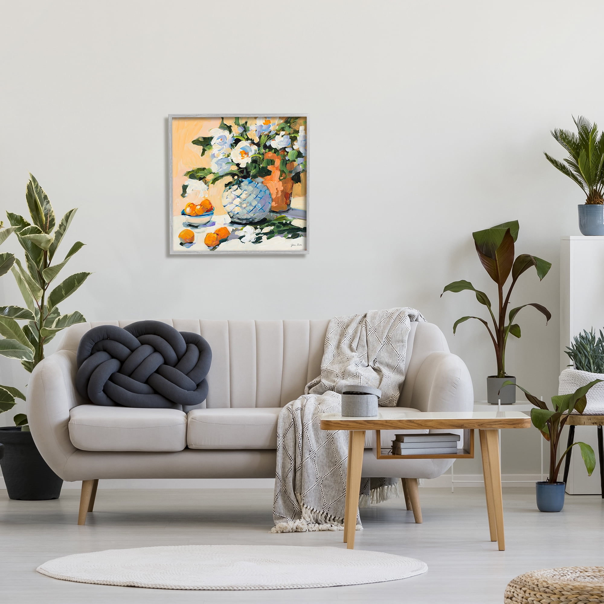 Stupell Industries Contemporary Oranges and Spring Florals Table Still Life Botanical & Floral Painting Gray Framed Art Print Wall Art, 24 x 24