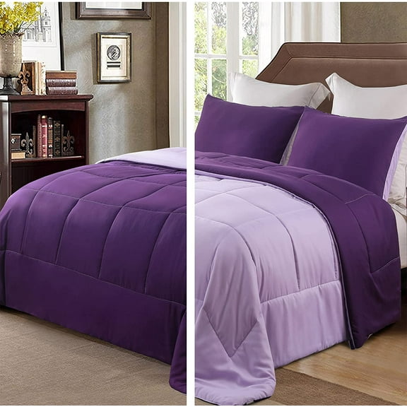 Osmanthus Lightweight Summer Reversible Queen Size Comforter Set, Down Alternative Comforter with 2 Pillow Sham, Queen Size Bedding Set for All Seasons, Deep Purple/Lilac