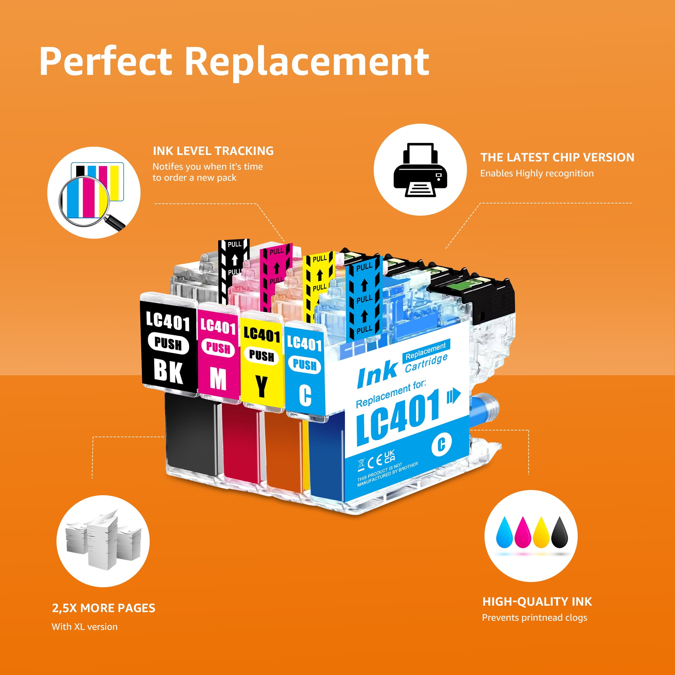 LC401XL LC401 MFC-J1010DW Ink Cartridges for Brother Printer LC 401 401XL for MFC-J1010DW MFC-J1170DW MFC-J1012DW MFC-J1800DW MFC J1010DW - 4 Pack High Yields Black Cyan Magenta Yellow
