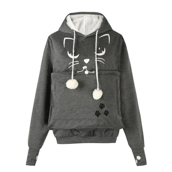 Pompotops Autumn And Winter Women Cat Face Printed Pullover Hooded Long Sleeve Cat Hat Drawstring Tops Hoodies Sweatshirts