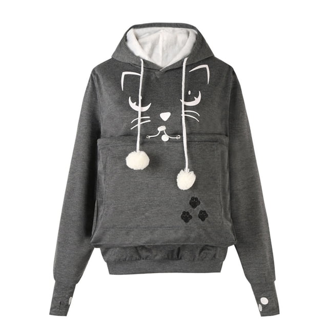 Pompotops Automne et Hiver Femmes Visage de Chat Imprimé Pull à Capuche Manches Longues Chapeau de Chat Hauts à Cordon Chandails en Molleton