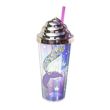 

Hloma 420ml Water Cup with Straw Double Wall Heat Insulated BPA Free Leak-proof Drinkware Plastic Mermaid Pattern Sippy Cup for School