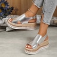 thumbnail image 5 of YgkuHd Women's Casual Wedge Sandals Glossy Metallic Faux Leather Upper Open Toe Woven Espadrille Sole Slide Style Silver,5.5, 5 of 8