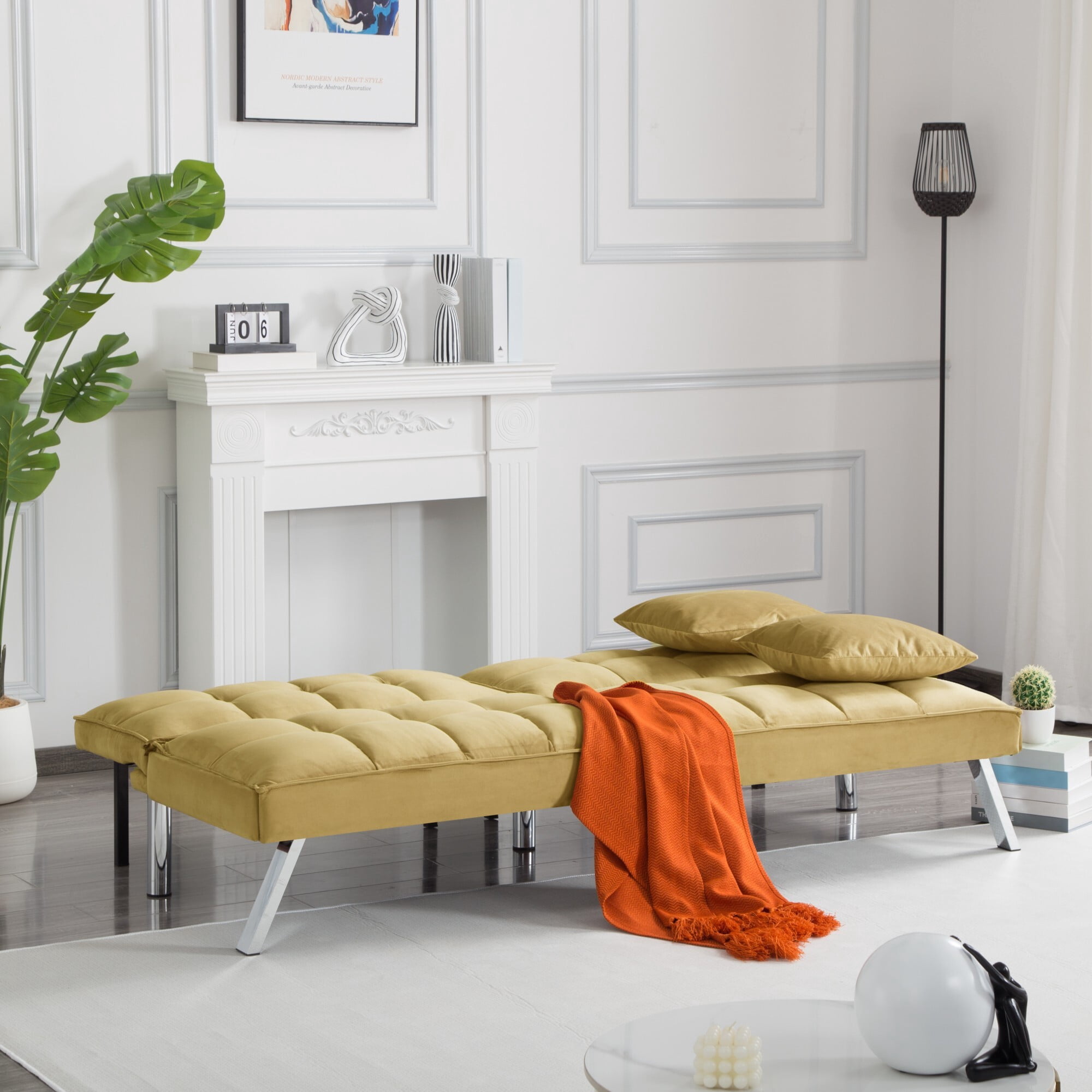 DEALTOPS 67" Convertible Futon Sofa Bed, 5-Angle Split-Back Sleeper with 2 Pillows for Small Spaces, Mustard Yellow