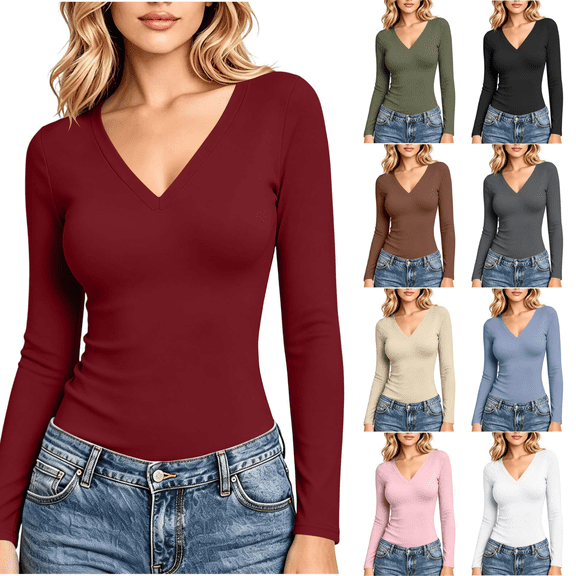 Yuanlook Women's Solid Long Sleeve Bodysuit Shirts, V Neck Slim Casual Basic Tops for Short Day Trip S-XXL Tops