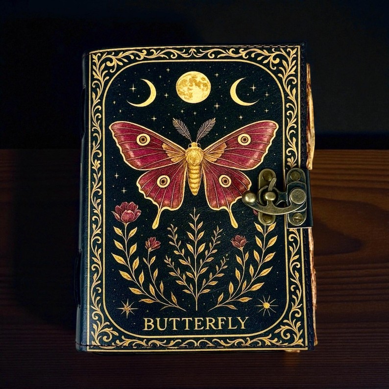 Handmade Leather Butterfly Journal, 5x7” Vintage Notebook with 200 Handmade Pages & Antique Clasp – Boho Writing Diary & Gift