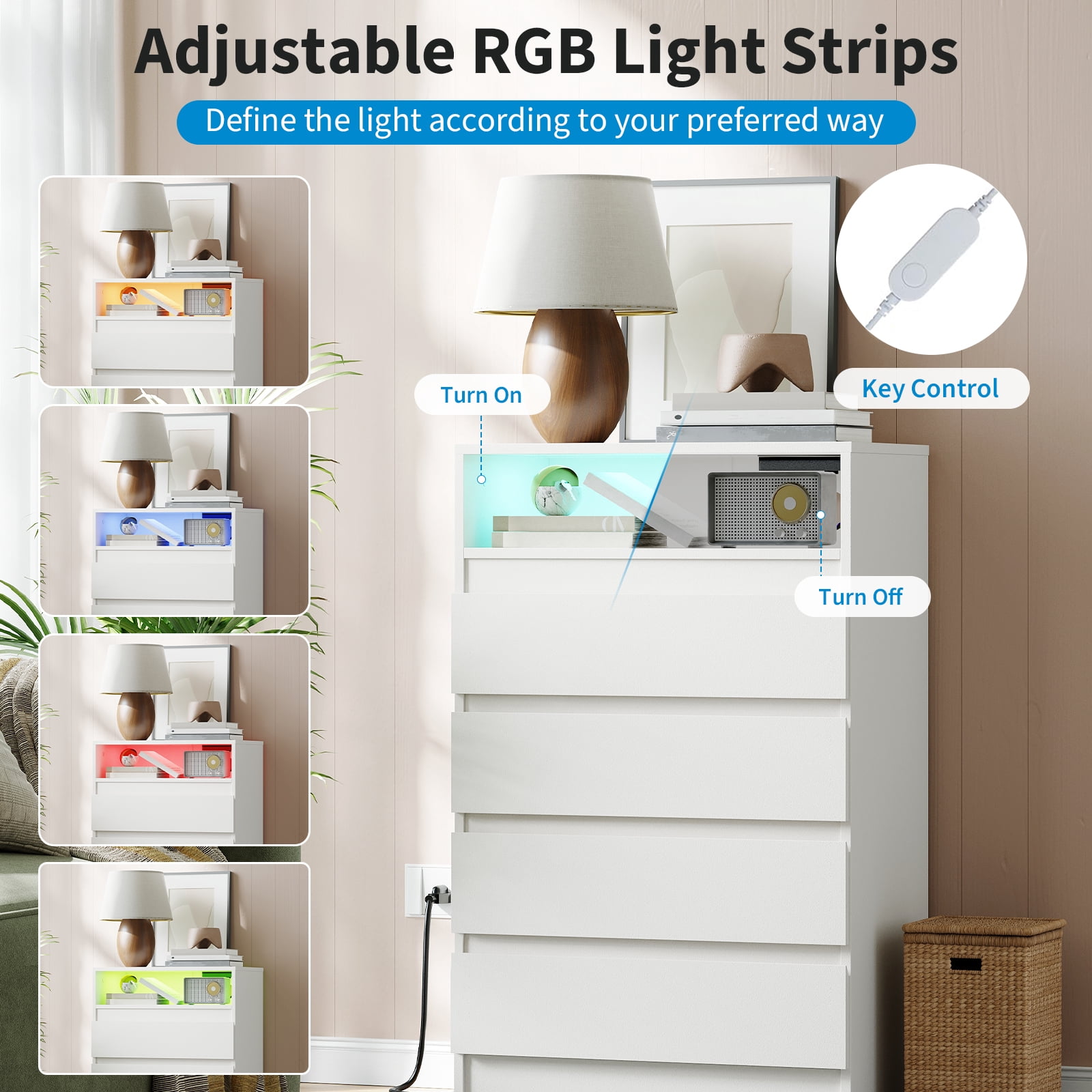 Modern Wide 4 Drawer Dresser with LED Lights & USB Charging Station – Bedroom, Living Room Storage Cabinet – Ample Space, Power Outlet – Accent Chest of Drawers
