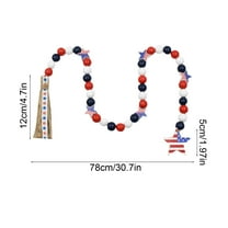 Wood Bead Garland with Rustic Tassels, Patriotic Farmhouse Wall Hanging Prayer Beads, American Independence Day 4th of July Ornaments for Home Decor