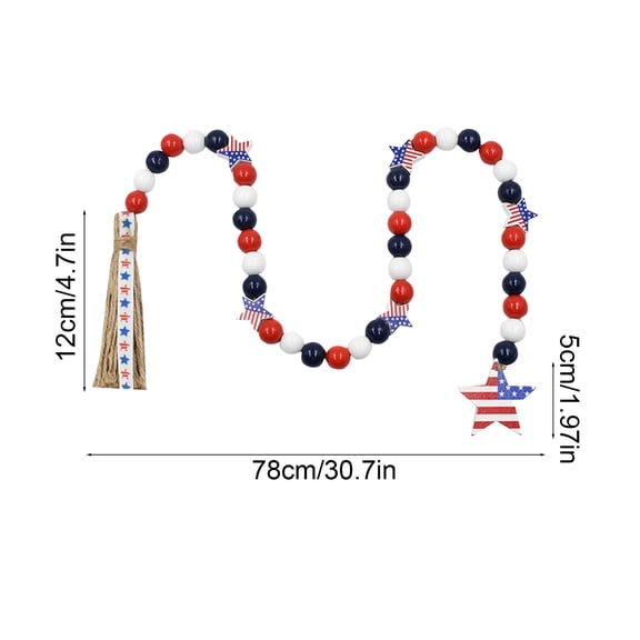 Wood Bead Garland with Rustic Tassels, Patriotic Farmhouse Wall Hanging Prayer Beads, American Independence Day 4th of July Ornaments for Home Decor