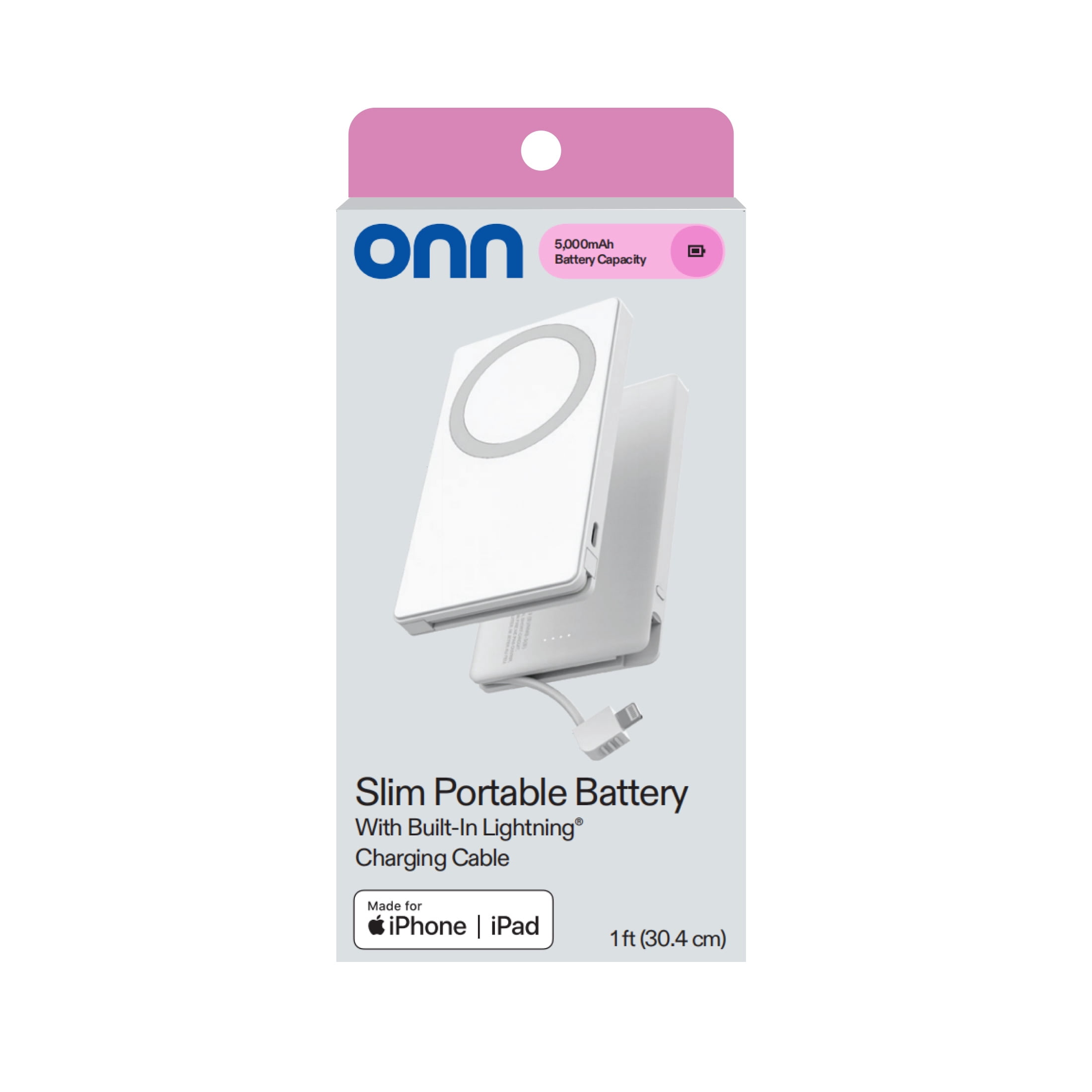 onn 5,000 mAh Portable Power Bank with Built in Lightning Cable, MFI Certified, Mag-Attach Ring, White - Compatible with iPhone 14/13/12/11/X/XR/XS/8/7/6/5, iPad, Airpods and more (Cable Charge only)