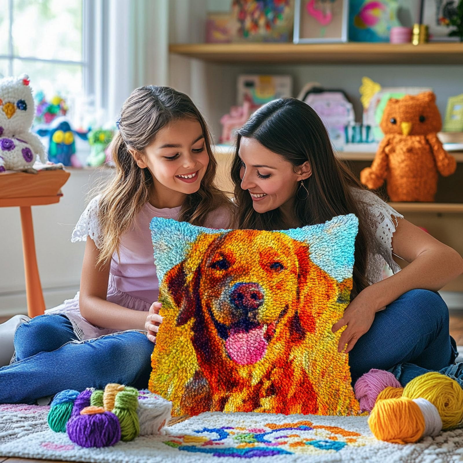 Golden Retriever Terrier DIY Latch Hook Pillow Kits for Adults Printed Pillowcase Crochet Yarns Hooking Handmade Pillow Cover Cushion for Home Sofa Decoration 17x17inch(1)