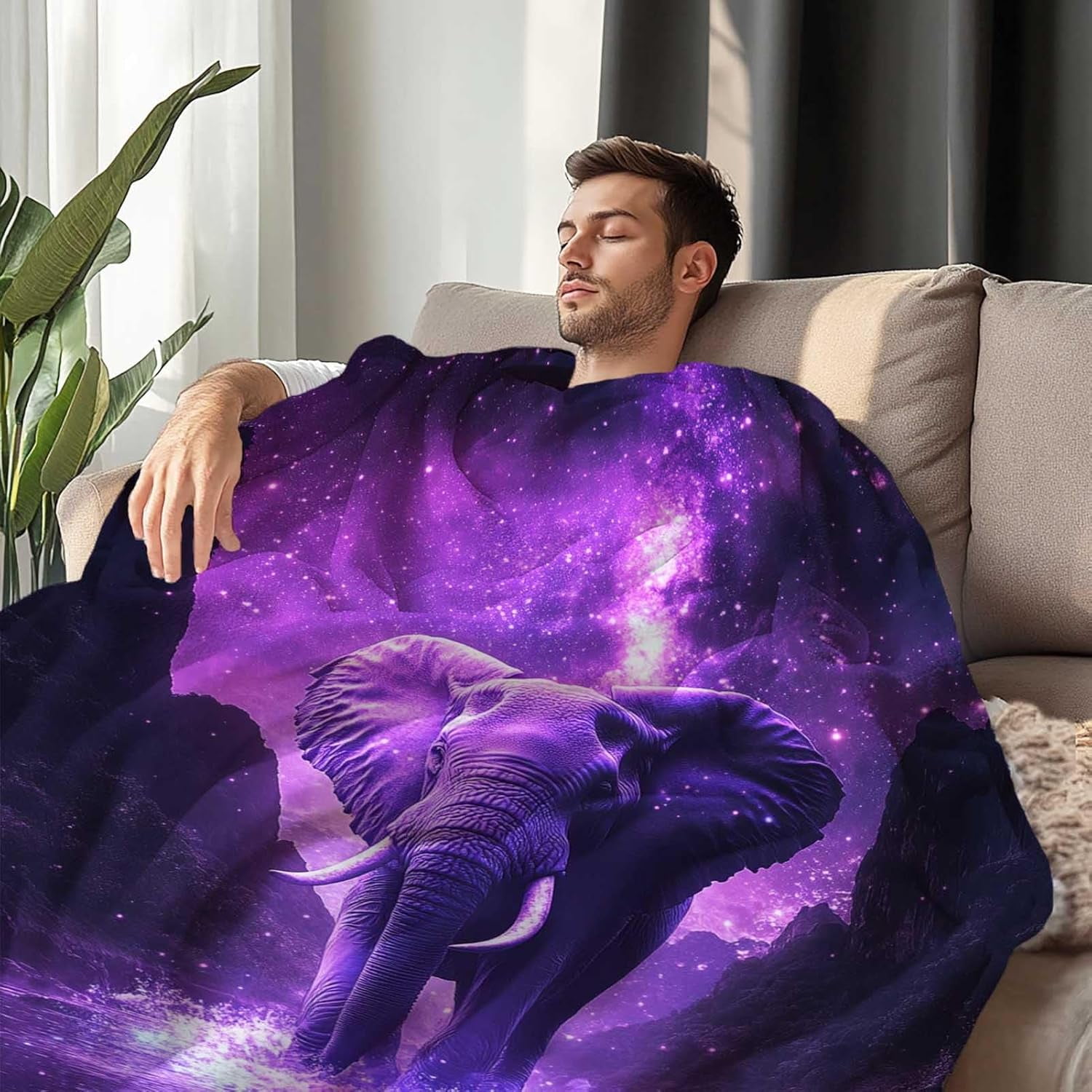 Elephant Throw Blanket Elephant Gift for Women Men Fleece Purple Print Pattern Soft Plush Lightweight for Couch Sofa Bed and Living Room Decor 50x60 inches