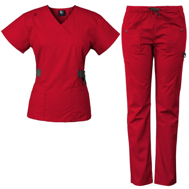 Medgear 12Pocket Women's Scrub Set with Silver Snap Detail & Contrast Trim, Red, XLarge