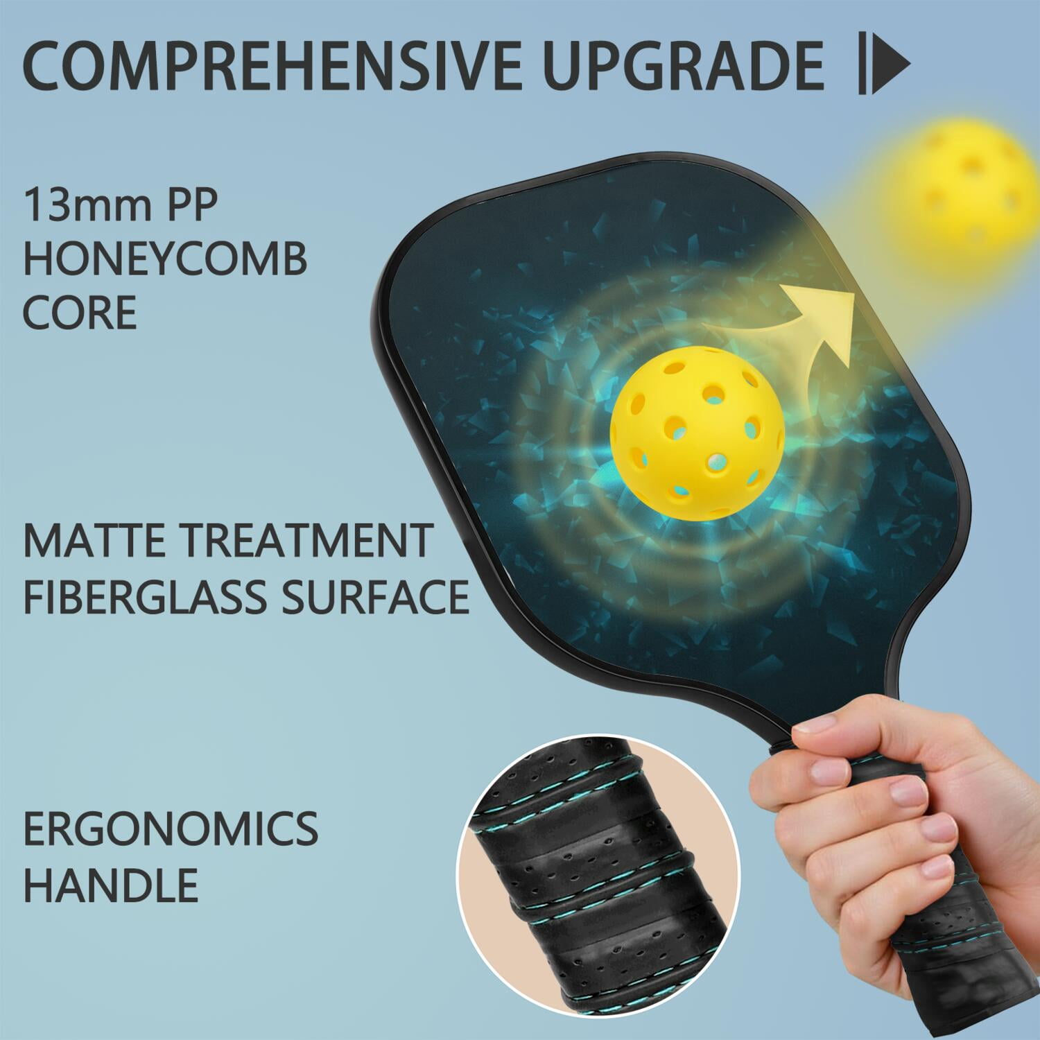 Pickleball Paddles Set Of 1, Fiberglass Surface, Speed, Lightning, Thunder Print, 1 Paddle, 2 Balls & Bag