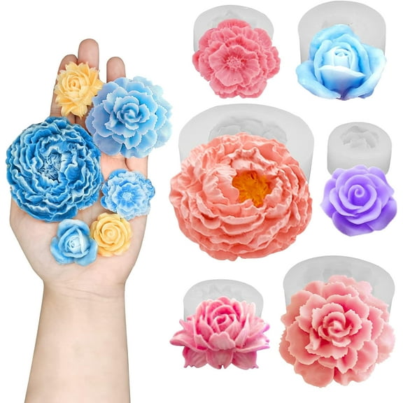 6Pcs 3D Flower Silicone Molds Set, Bloom Rose Silicone Molds for Soap Making ,Peony Molds for Handmade Chocolate, Cupcake, Dessert Decoration
