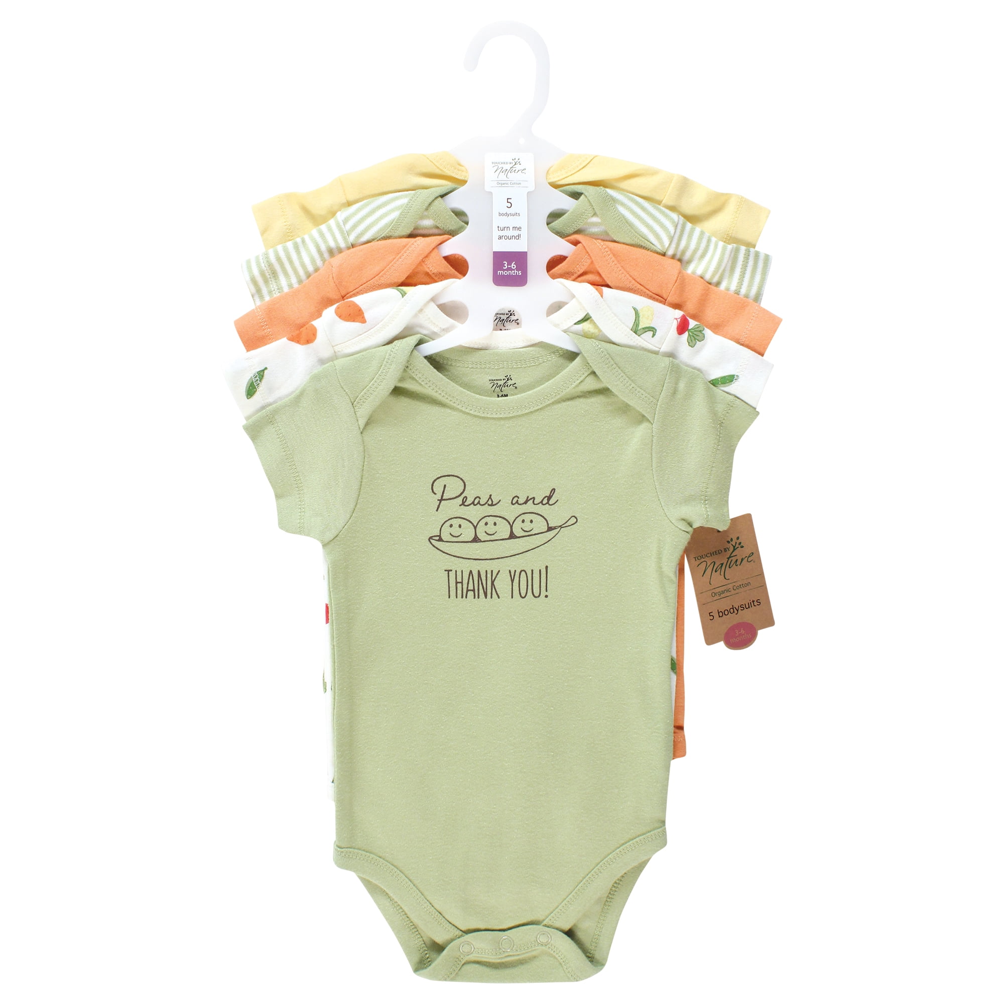 Touched by Nature Unisex Baby Organic Cotton Bodysuits, Peas And Thank You, Preemie