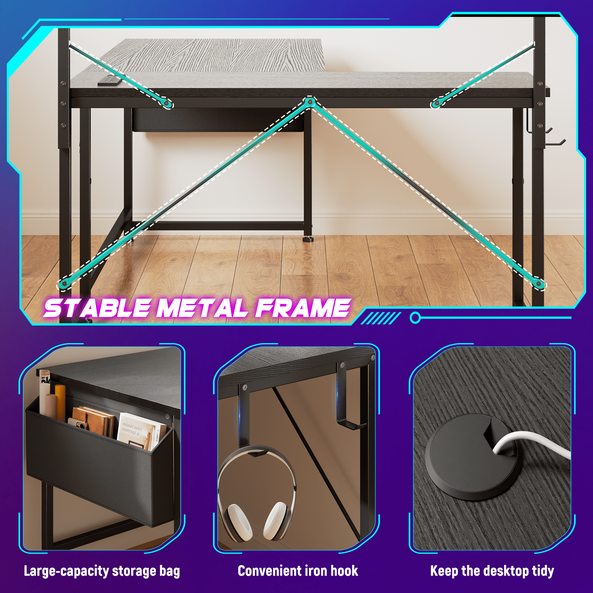 Romorgniz L Shaped Computer Desk with LED Lights & Power Outlet, Reversible 53"W Gaming Desk with Storage Shelf, Side Bag, Hooks for Home Office, Black